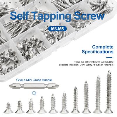 NINDEJIN Self Tapping Screw Set M3 M4 M5 Cross Flat Head Phillips Screw Assorted Kit Stainless Steel Wood Screw for Metal Sheet