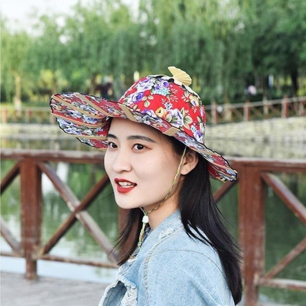 Foldable Fan Sun Hats Wide Brim Bamboo Sunscreen Cap Portable Folding Fan Hat  for Travel
