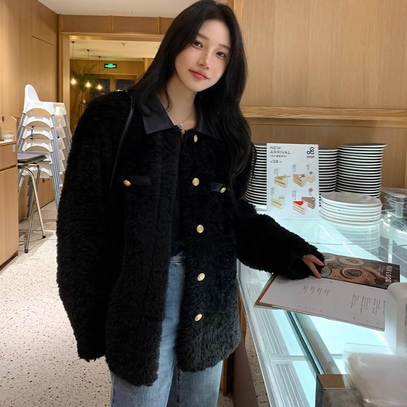 Fur coat new small fragrant style gold buckle splicing shirt lapel imitation lamb wool coat thick coat women's winter