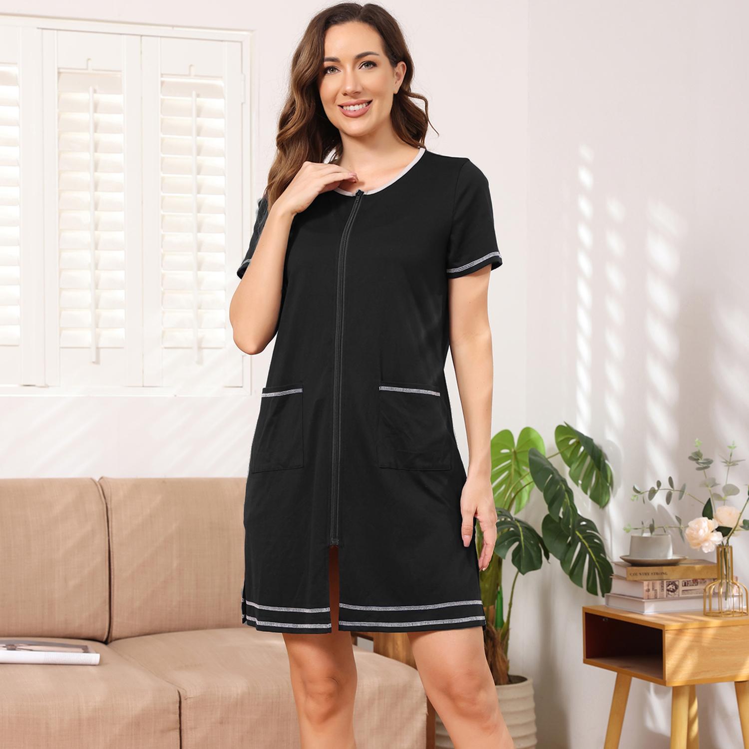 

Женские пижамы для сна с короткими рукавами на молнии для беременных и кормящих мам, свободная ночная рубашка для кормления грудью и послеродового периода XXL чёрный