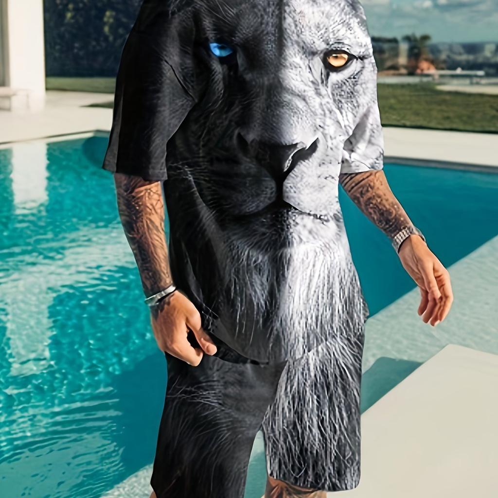 2PCS Plus Size Men's Summer Casual Suit Color Block Lion Print Short Sleeve T Shirt And Track Shorts Set Holiday Lounge Beach Sports Suit