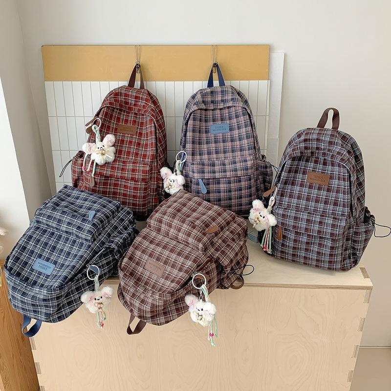 Schoolbag Autumn and Winter New Retro Plaid Backpack Female College Student Korean Version Large Capacity Lightweight Backpack College Style
