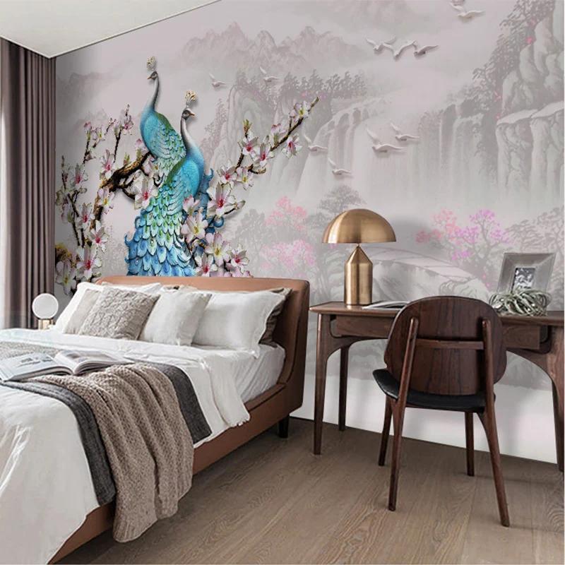 Fototapet Europeisk stil Blue Peacock 3D veggmalerier Stue TV Sofa Bakgrunn Tapeter for vegger