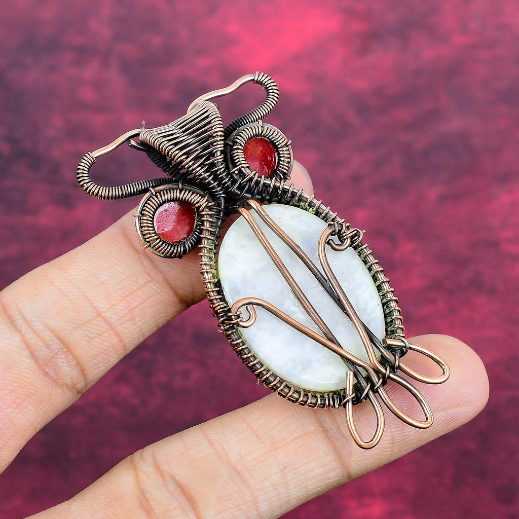 Rainbow Moonstone & Red Color Evil Eye Pendant Copper Wire Wrapped Owl Jewelry