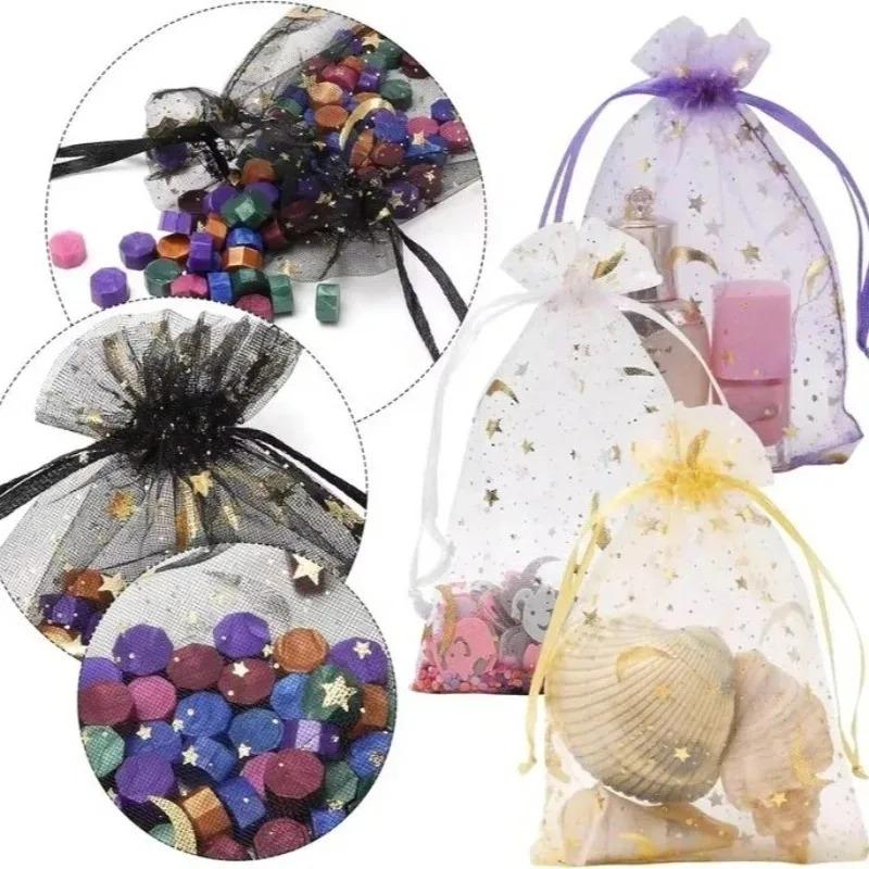 50pcs/Lot 7x9 9x12 10x15 13x18cm Printing Star Moon Christmas Organza Sack Drawstring Charm Packaging Bags Daily Jewelry
