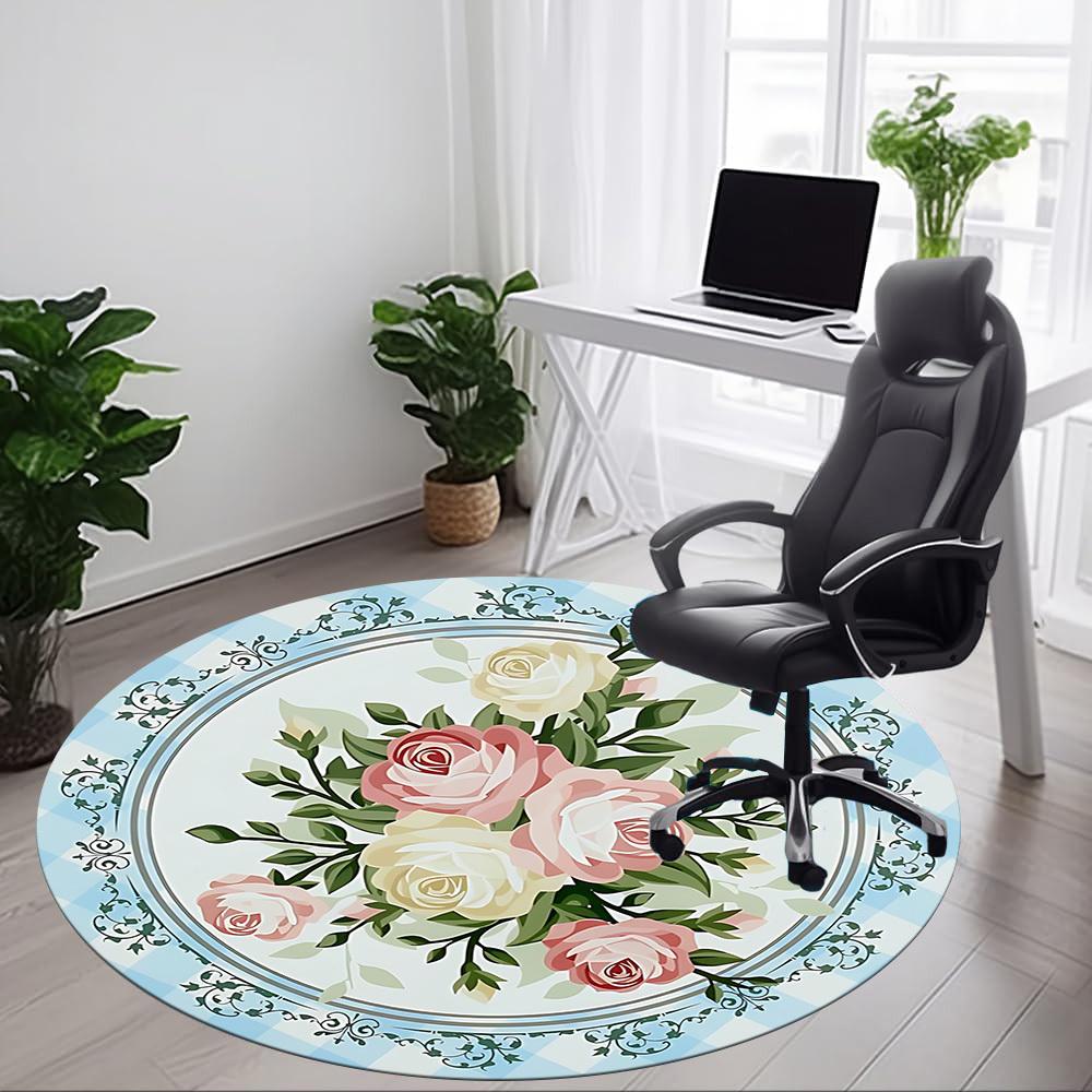 1pc Roses Floral Pattern Office Round Rug, Carpet for Office, Gaming, Lightweight Round Floor Mat Yy260208027