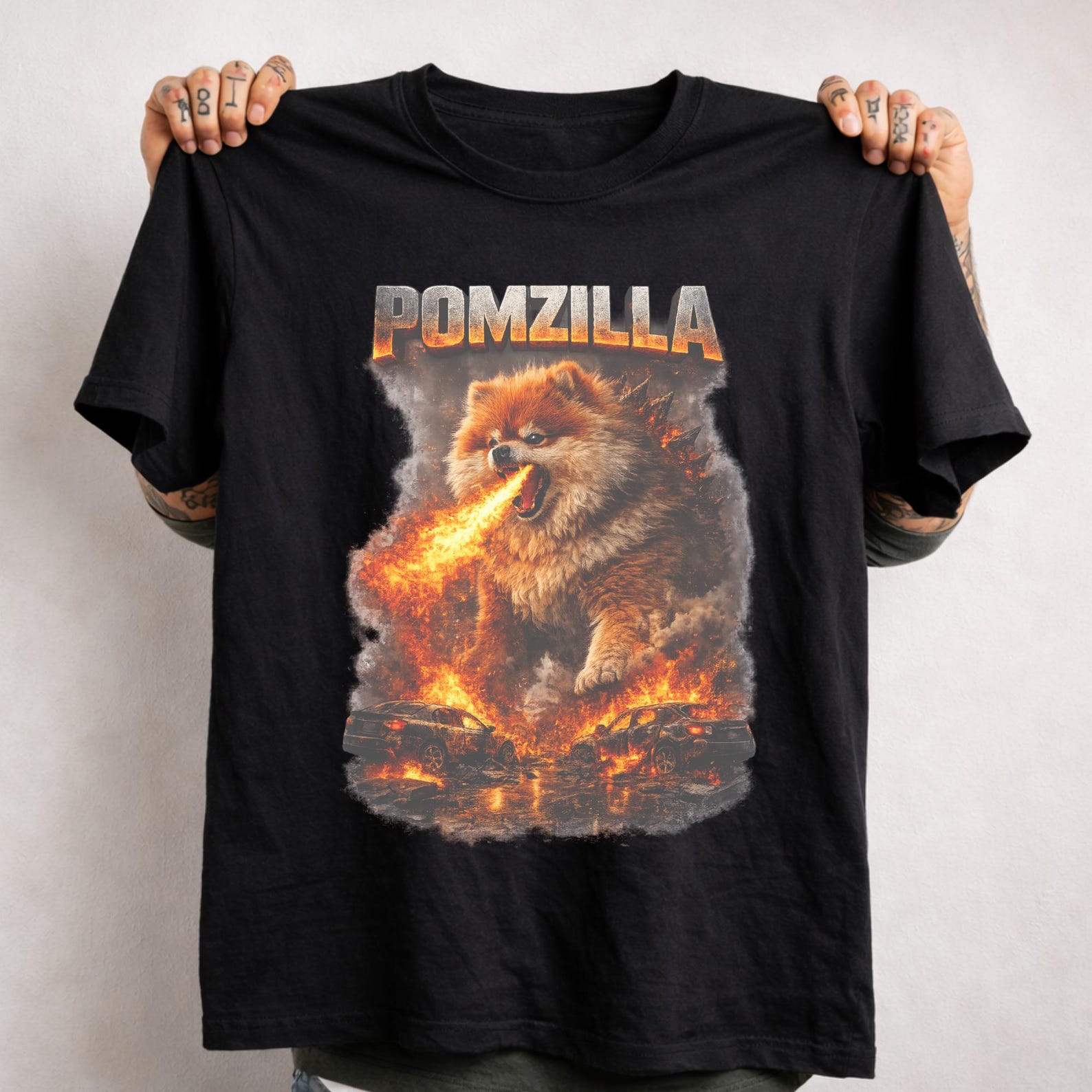 Pomzilla Funny Pomeranian T-Shirt – Fire-Breathing Giant Dog Tee for Dog Lovers & Gifts. 3XL
