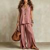 Women's Loose Fit Two Piece Pant Suit Sleeveless V Neck Linen Blend Shirt Split Wide Leg Trousers Vacation Matching Set
