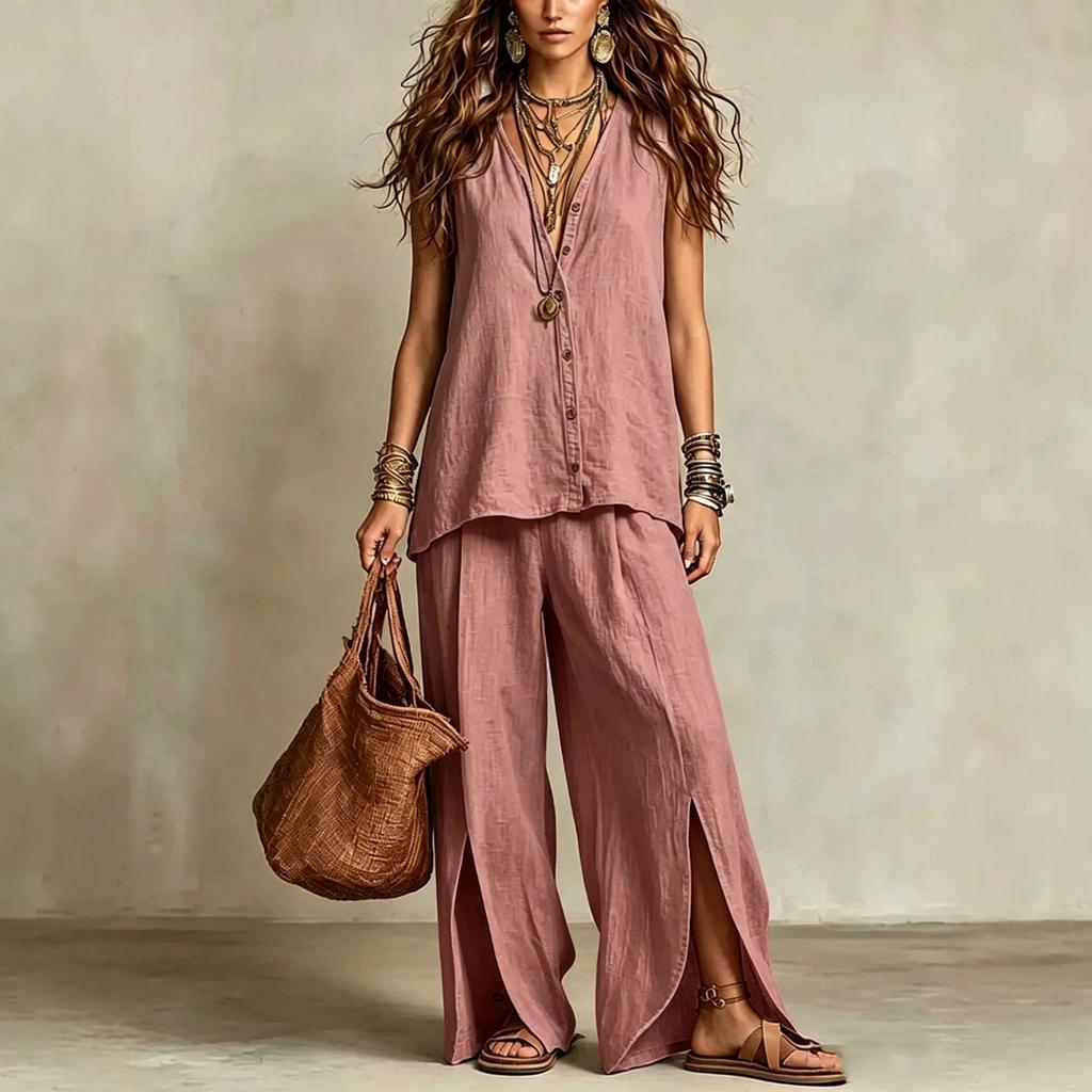 Women's Loose Fit Two Piece Pant Suit Sleeveless V Neck Linen Blend Shirt Split Wide Leg Trousers Vacation Matching Set