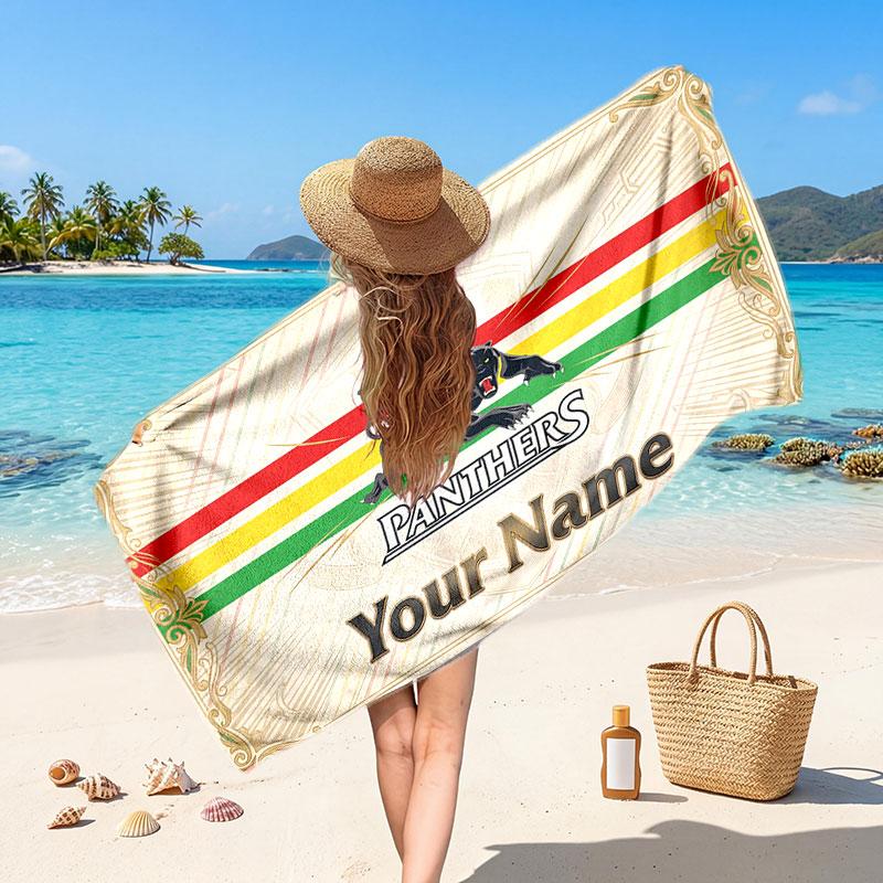 Penrith Panthers Customized Name Text Beach Towel, Soft Absorbent Towel Beach Pool Travel Personal Gift