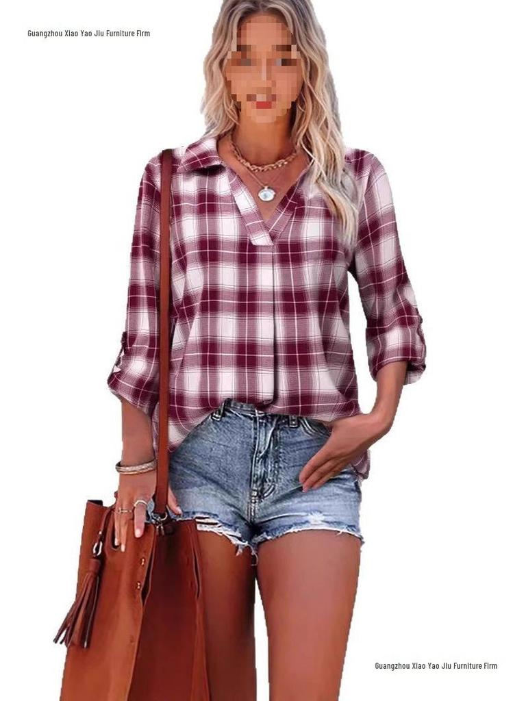 V-neck Long Sleeve Plaid Pullover Lapel Loose Fit Women's Shirt