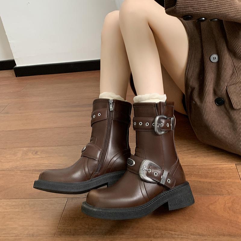 

2025 autumn and winter new breathable pile western boots medium tube retro square head knight boots belt buckle Martin boots short boots 35 коричневый