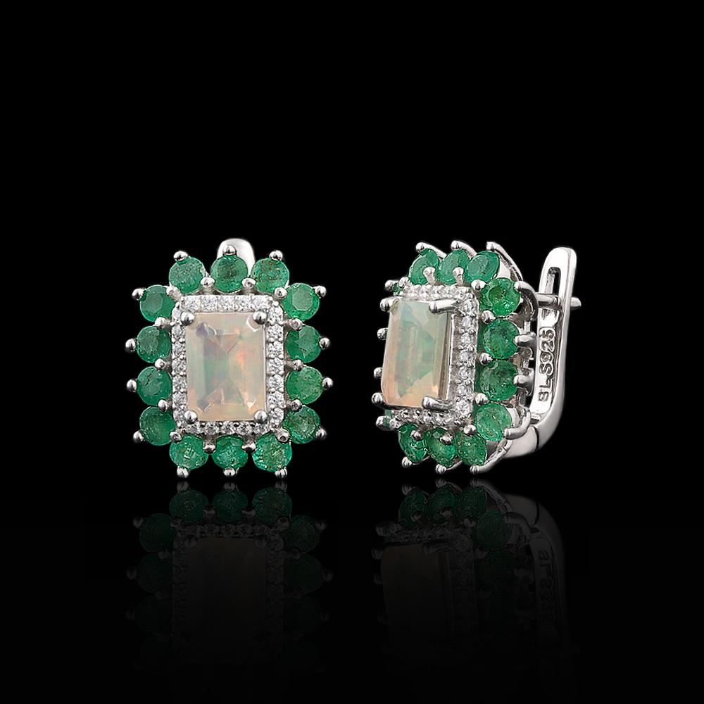 Women's Classic High-End Silver Earrings with Natural Ethiopia Opal & zambia Emerald Gemstones Fine Jewelry