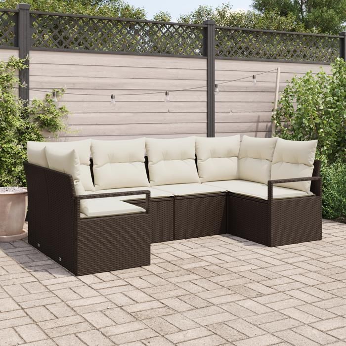 Ensemble de canapé de jardin 6 pièces avec coussins marron en rattan poly, Canapé de jardin 2 places avec rangement 3355187