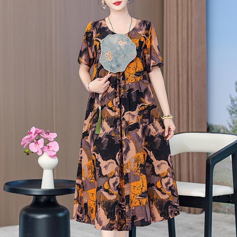 Summer Elegant Long Dresses for Women Plus Size Loose Short Sleeve Vintage Print Women's Dress