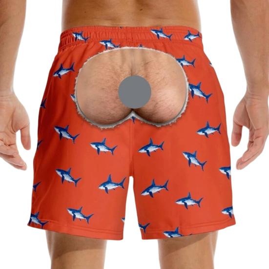 Novelty 3D Graphic Swimwear Hairy Big Booty Shorts, Men Funny Butt Print Beach Relaxed Fit Lounge Shorts Cheeky Briefs Pattern Swim Trunks for Summer