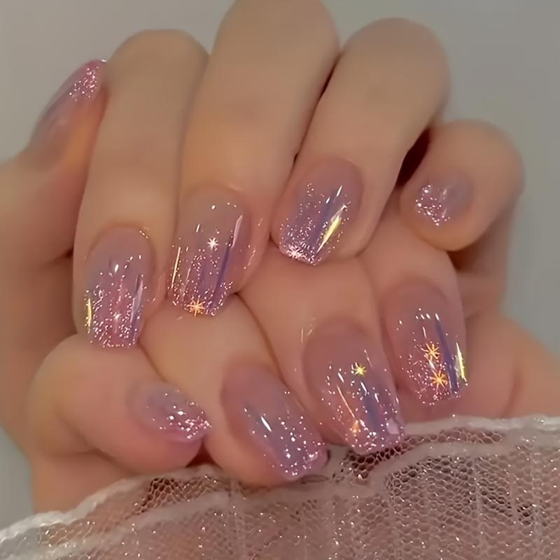 24pcs Short Coffin Ballet Press On Nails, Aurora Purple Gradient Fake Nails With Glitter Sequin,Full Cover False Nails For Women And Girls