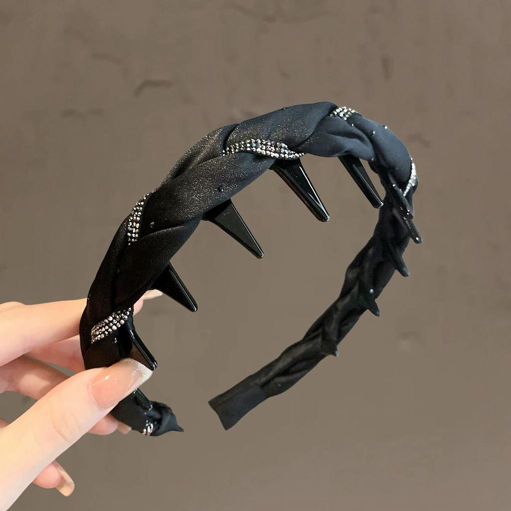 Women French Sparkling Pearl Wavy Headband, High Skull Top Toothed Hair Band, Non-slip External Wear Pressure-Reducing Hair Accessory