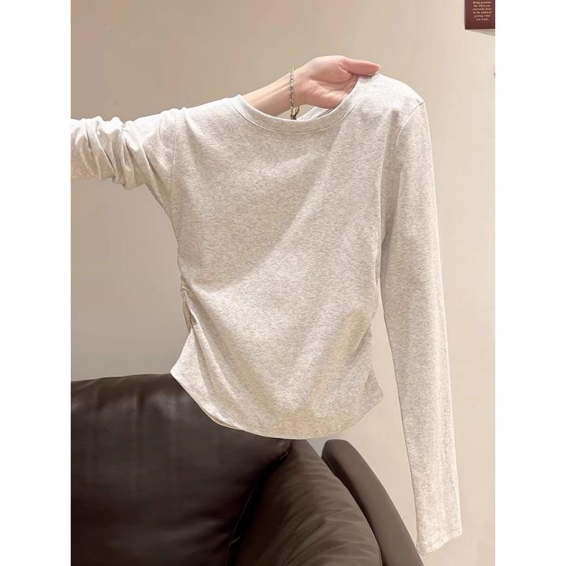 

Осень Зима Однотонный Неправильные Складки Талия Все-сочетаемый Базовый Топ Женский С Длинным Рукавом Повседневный Пуловер Футболка Топ M серый