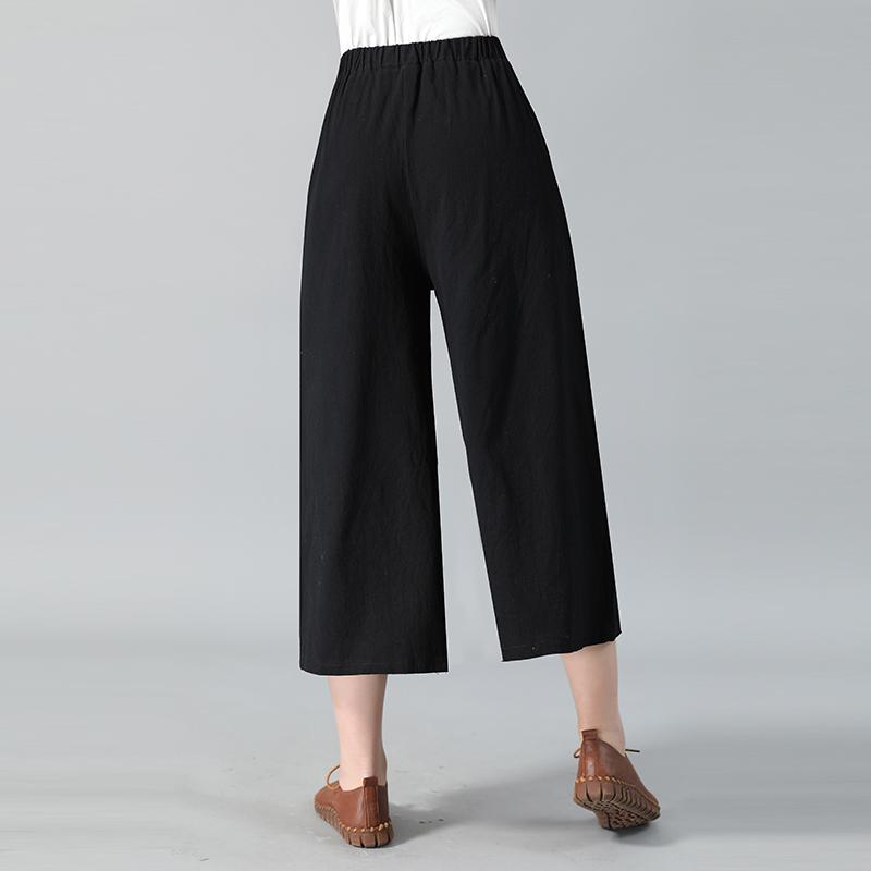 Elastic Waist Wide Leg Pants Cropped Pants Embroidered Women's Pants Cotton Loose Casual Pants Embroidered