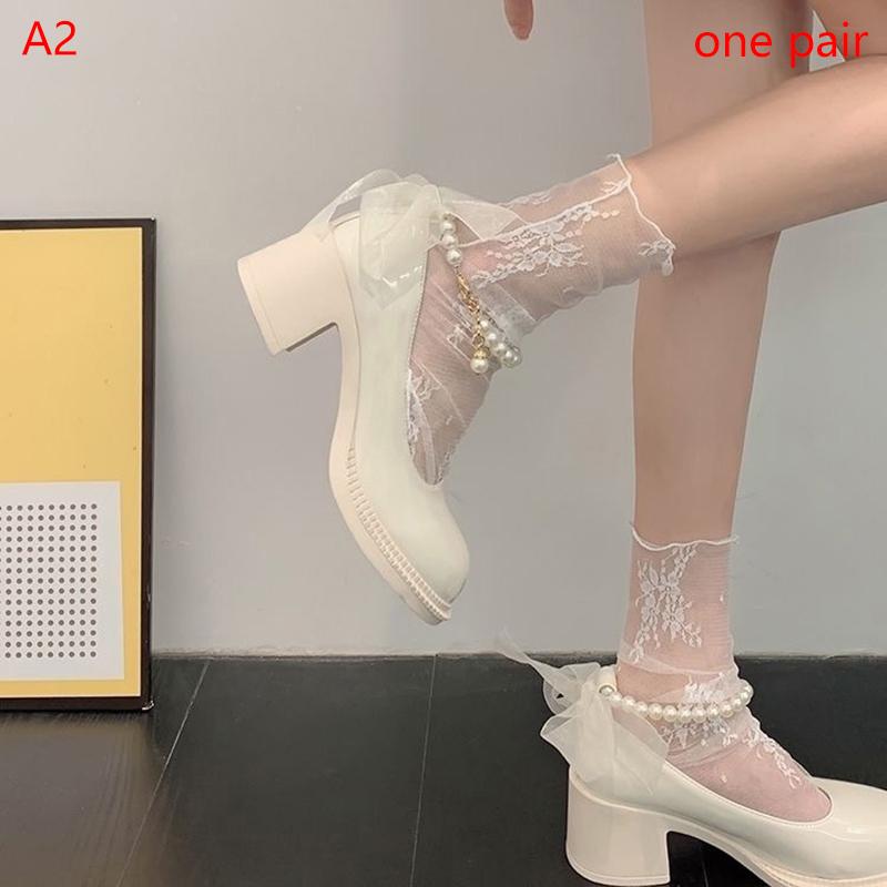Summer Women Ultra Thin Floral Sexy Transparent Ice Glass Filament Long Tube Korean Lace Medium Tube  Socks Lolita Socks