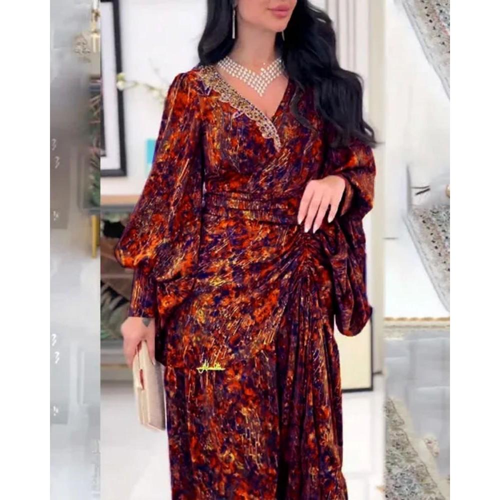 

Женские элегантные V-образные вырезы с длинными рукавами и цветочным принтом для подружек невесты, свадебные длинные платья, великолепные вечерние макси-бальные платья XXL коричневый