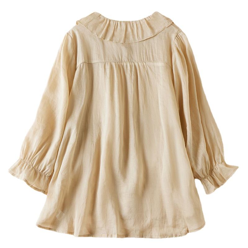 Summer Loose Solid Doll Neck 3/4 Sleeve Cotton Linen Shirt Women's Blouse