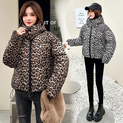 Short Down Cotton Clothes Women's Winter New Loose Hooded Thin Leopard Print Bread Clothes Jacket