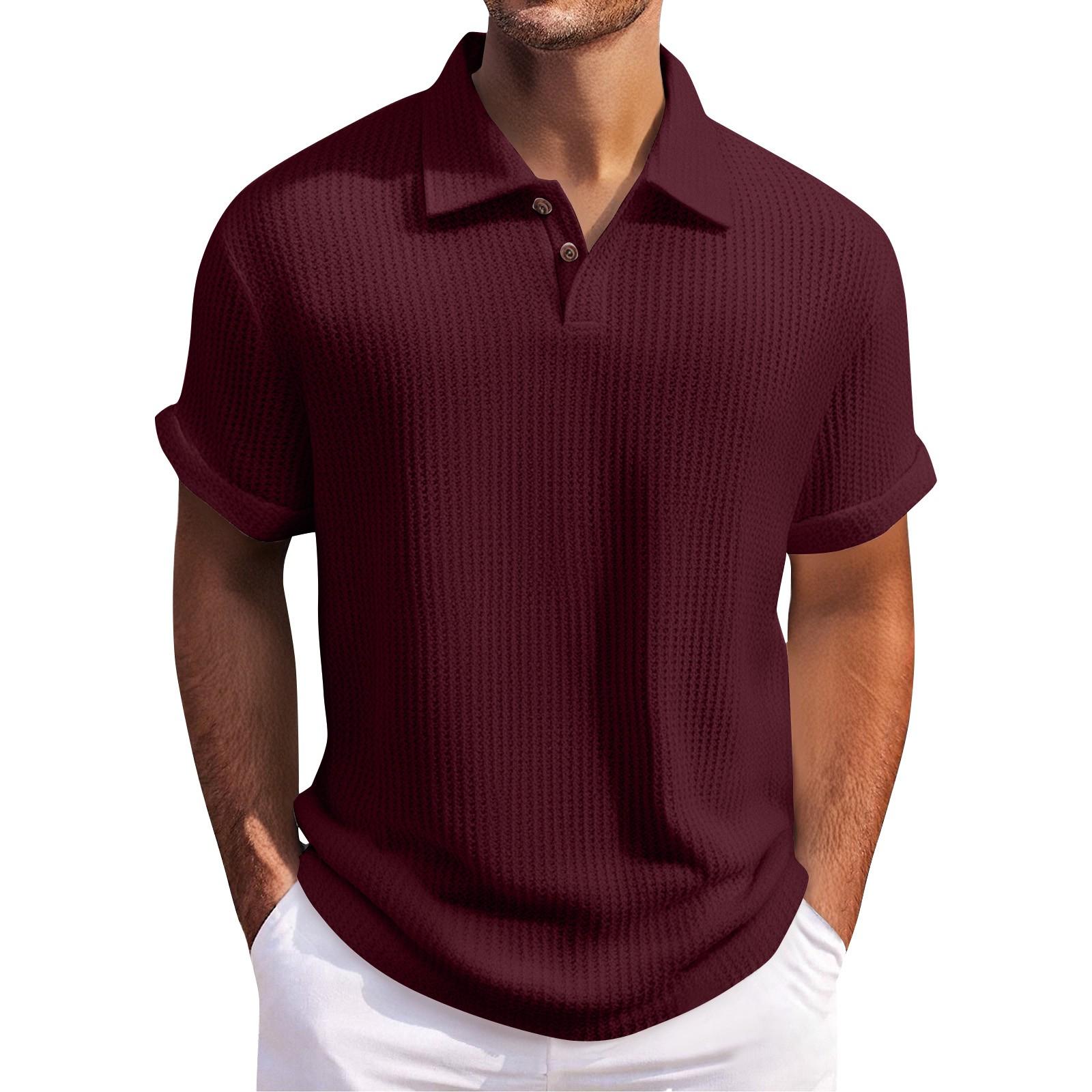 

Мужской летний однотонный топ с ромбовидной вязкой, пуговичным воротником и свободными короткими рукавами S винный