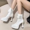 Pu Leather White Women's Lace Up Ankle Boots Belt Buckle Design Chunky High Heel Fashion Booties Street Style Ladies Footwear