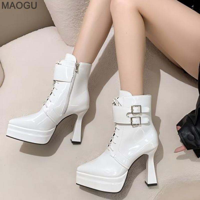 Pu Leather White Women's Lace Up Ankle Boots Belt Buckle Design Chunky High Heel Fashion Booties Street Style Ladies Footwear
