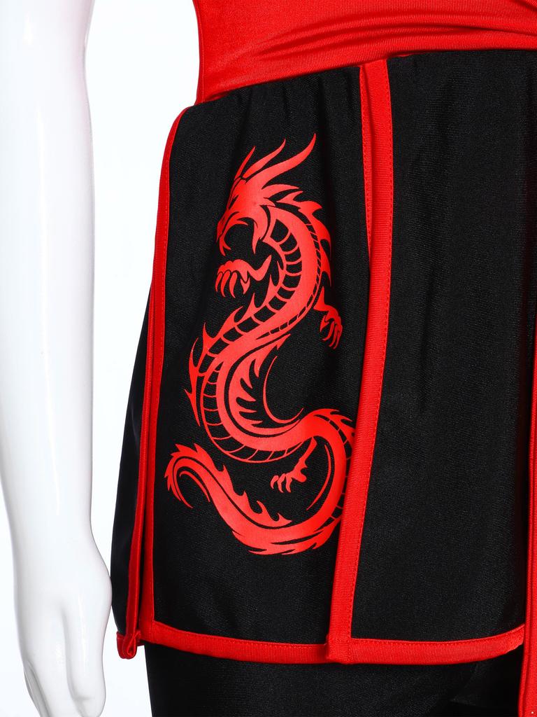 Costume Cosplay Ninja Unisex per Bambini Top con Cappuccio Stampa Drago Ampia Fascia Fondo Spaccato Set Guanti Pantaloni