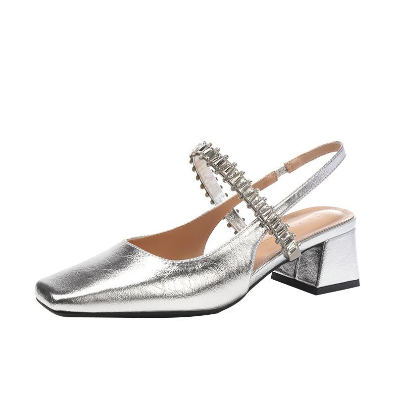 Silver rhinestone chain with bag head sandals women's square head sheepskin Mary Jane shoes thick heel single shoes