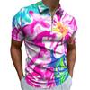 Zip-collar short-sleeve polo with artistic whale wave print, trendy casual wear.