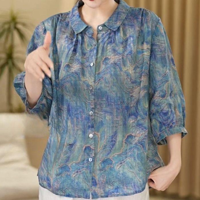 

Женская блузка большого размера в этническом стиле, летняя, приталенная, с коротким рукавом L [up to 100 jin] павлин голубой