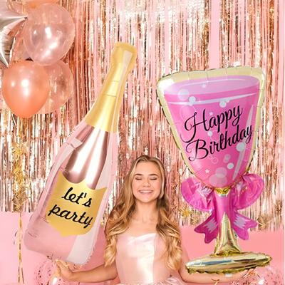 2 Stück Happy Birthday Champagnerflasche und Pinker High Heel Weinglas Aluminiumfolienballons für Geburtstagsfeier Dekoration Ball