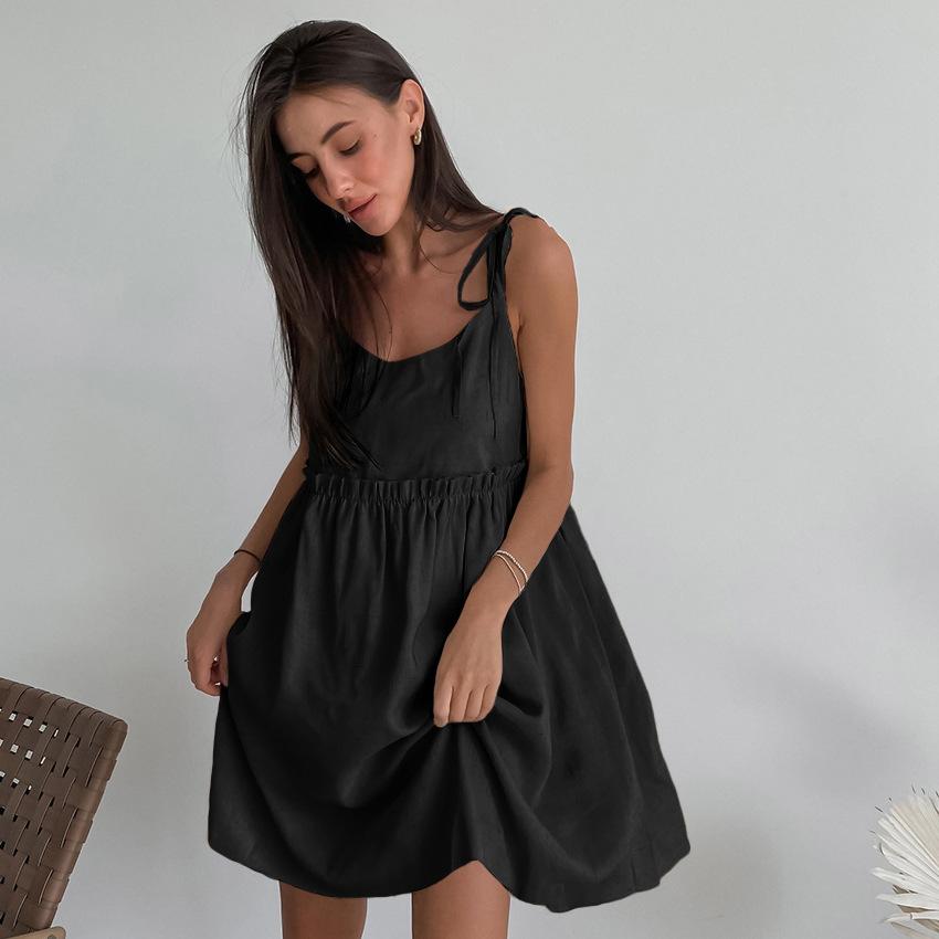 Brown Cotton-Linen Dress For Women Summer Holiday Style Loose-Fitting Suspender Dress A-Line Skirt