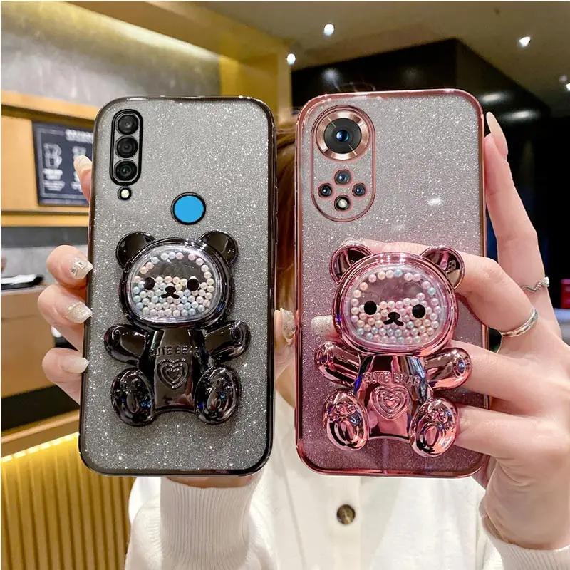 Honor90 Lite Cute Bear Holder Bracket Glitter Plating Case On for Huawei Honor 90 Lite 50 70 80 60 Pro Gt Se 90pro Stand Cover