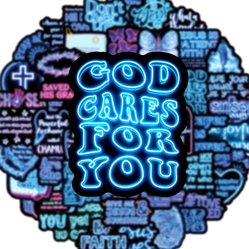 10/30/50 Stück Neon-Stil Blau Jesus Spruch Aufkleber Bibelvers Glaube Aufkleber Kreuz Wörter Aufkleber Graffiti Wasserflaschen Laptop