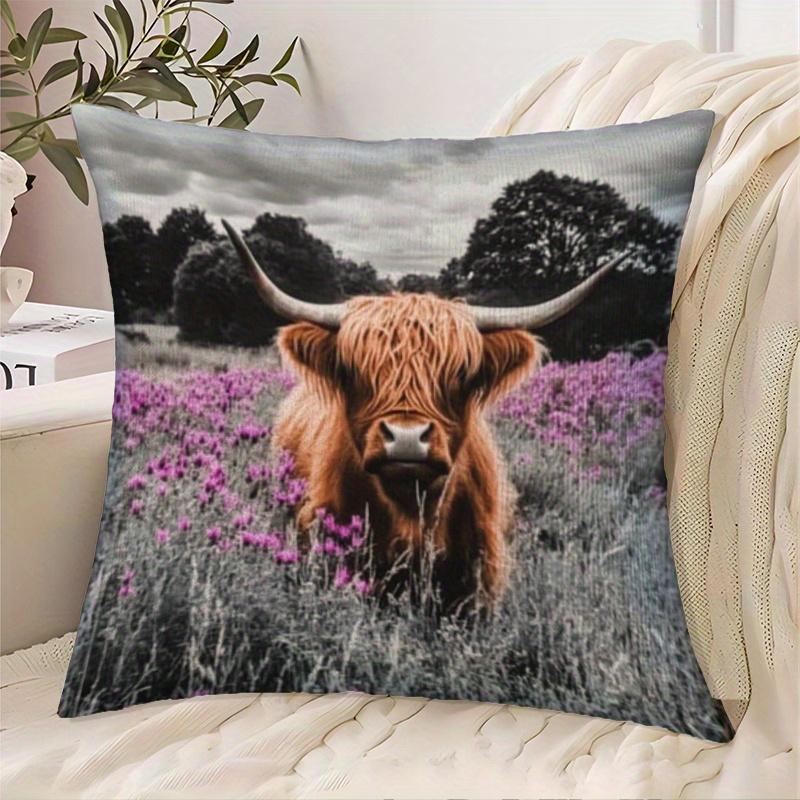 Cute Highland Cow Pillowcase Throw Pillow Cover Boho Farm Animal Print Decor Accent Square 40x40cm Home Decor