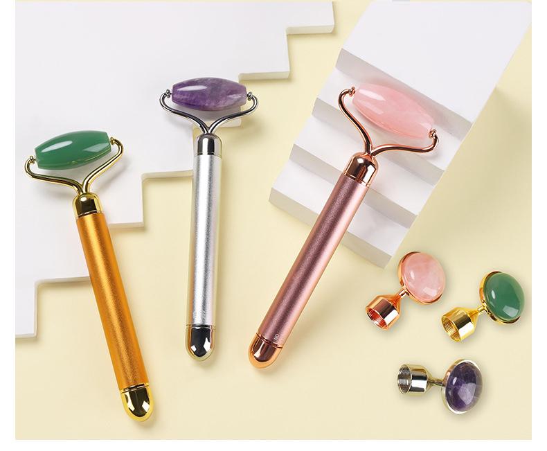 2 in 1 Elektrischer Vibrations-Natur-Rosenquarz-Jade-Roller für Gesichtslifting Kristall-Jade-Stein Gesichtsroller Schönheitsmassagegerät