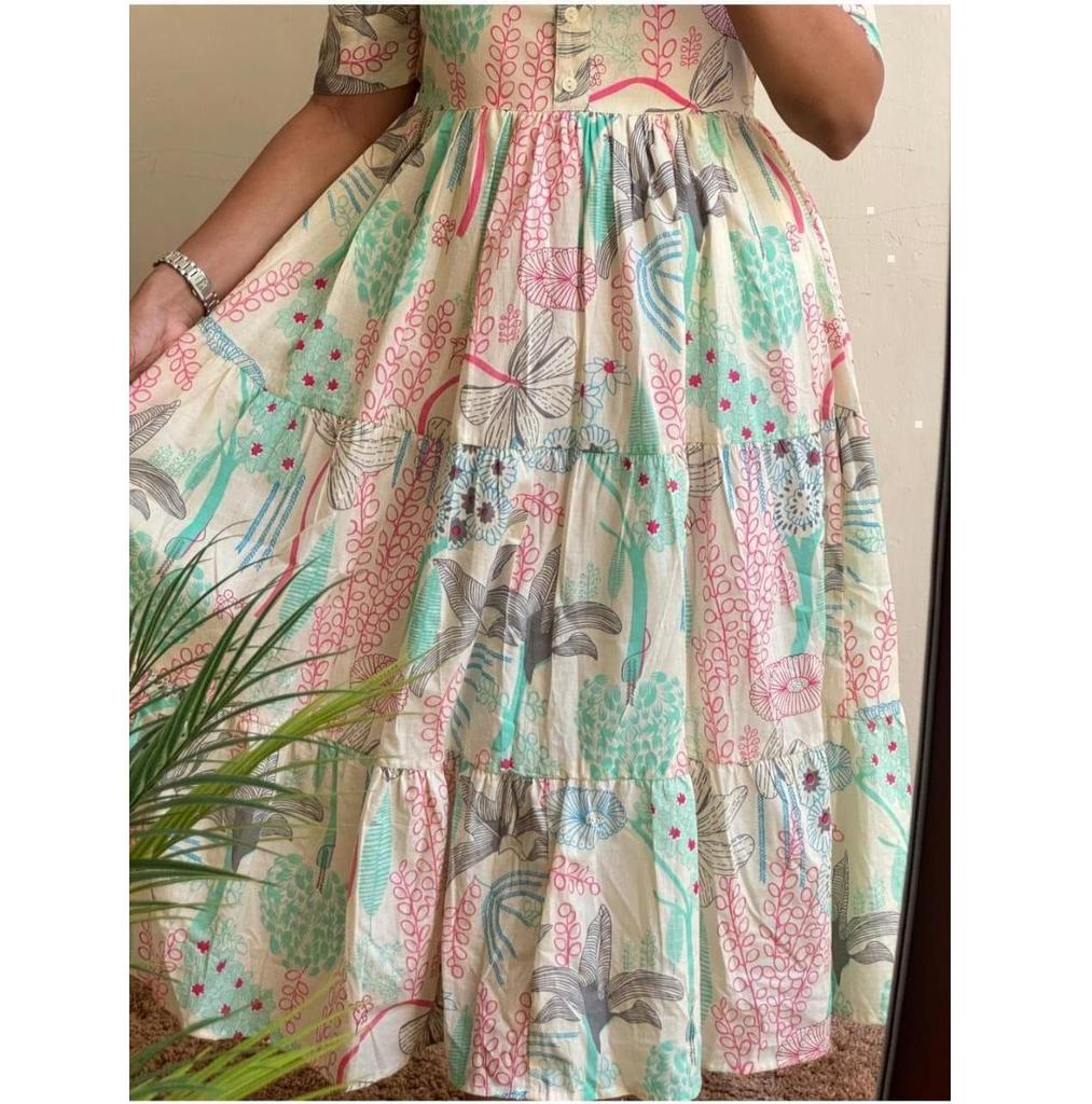 Women Designer Printed Cotton Midi Gown Kurta Party Wear Top Tunic Kurti Dress