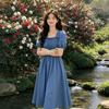 Retro Square Neck Bubble Sleeve Skirt New Summer Thin Long Skirt Thin Temperament Dress Women
