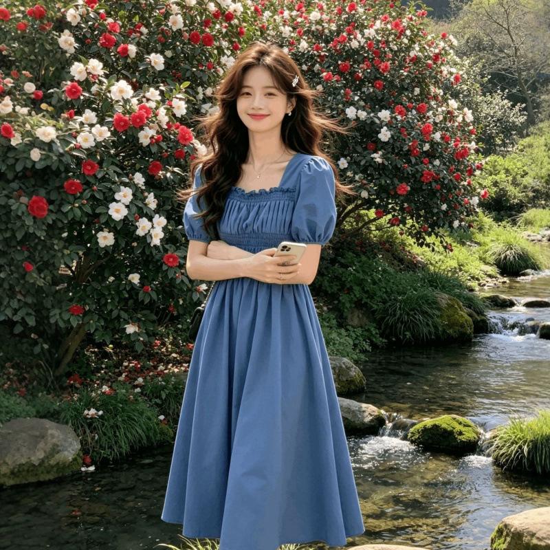 Retro Square Neck Bubble Sleeve Skirt New Summer Thin Long Skirt Thin Temperament Dress Women