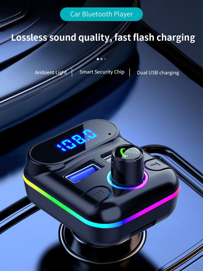 Car Charger Hands-Free FM TF Card U Disk Playback Dual USB 4.2A Car Bluetooth 5.0 MP3 Playe with Ambient Light For iPhone Xiaomi