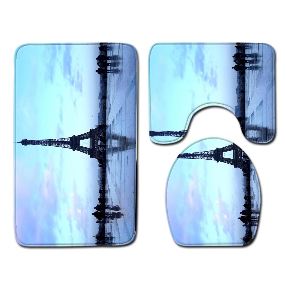Toilet Three-Piece Bathroom Decorative Floor Mat Doormat Combination Water Drop Green Leaves Natural Scenery