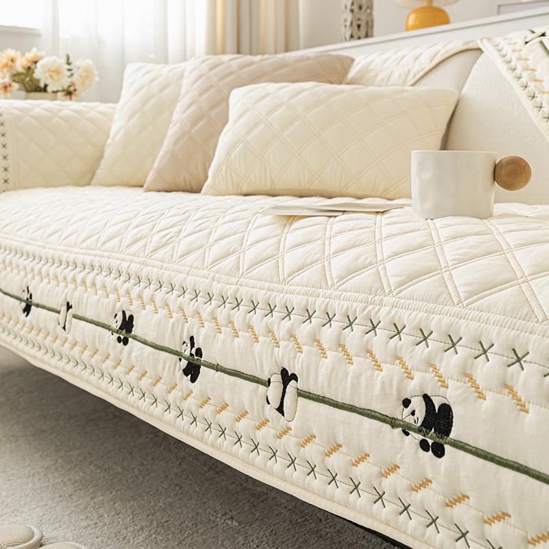 New Washed Cotton Sofa Mat Lesser Panda Embroidery Sofa Cover Living Room Non-slip Sofas Cushion L-shaped Sofa Protective Case