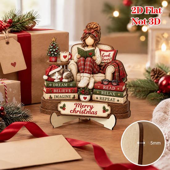 Retro Christmas Centerpieces Book Lover Gifts for Women, Just A Girl Who Loves Wooden Plaque, Winter Home Decor 2D Flat Reading Block Sign with Stand