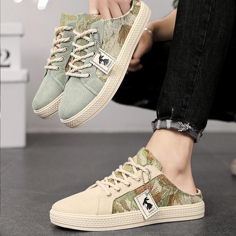Slippers for Men Trend Versatile One-pedal Breathable Casual Canvas Shoes Men's Breathable Comfortable Light Men's Half Slippers