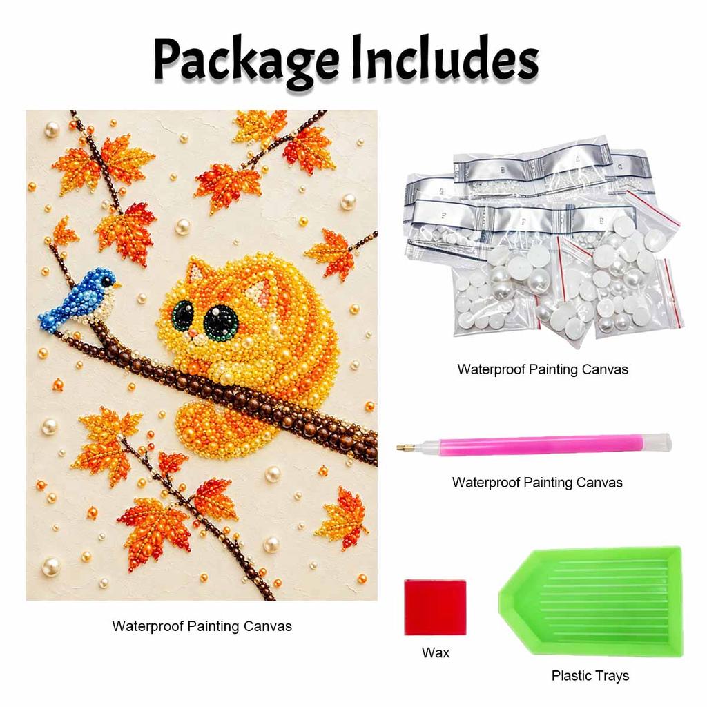 Cute Orange Cat and Blue Bird Autumn Maple Leaves 5D Pearl Painting Kit with Frame DIY Sparkling Bead Canvas Art Relaxing Craft for Girls Room Decor